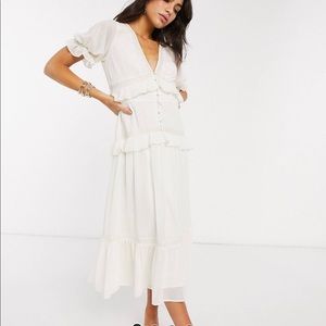 Asos design button through lace inset tiered midi dress in ivory size 8